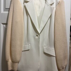 Cinq à Sept Cream Blazer with Ribbed Tan Sleeves